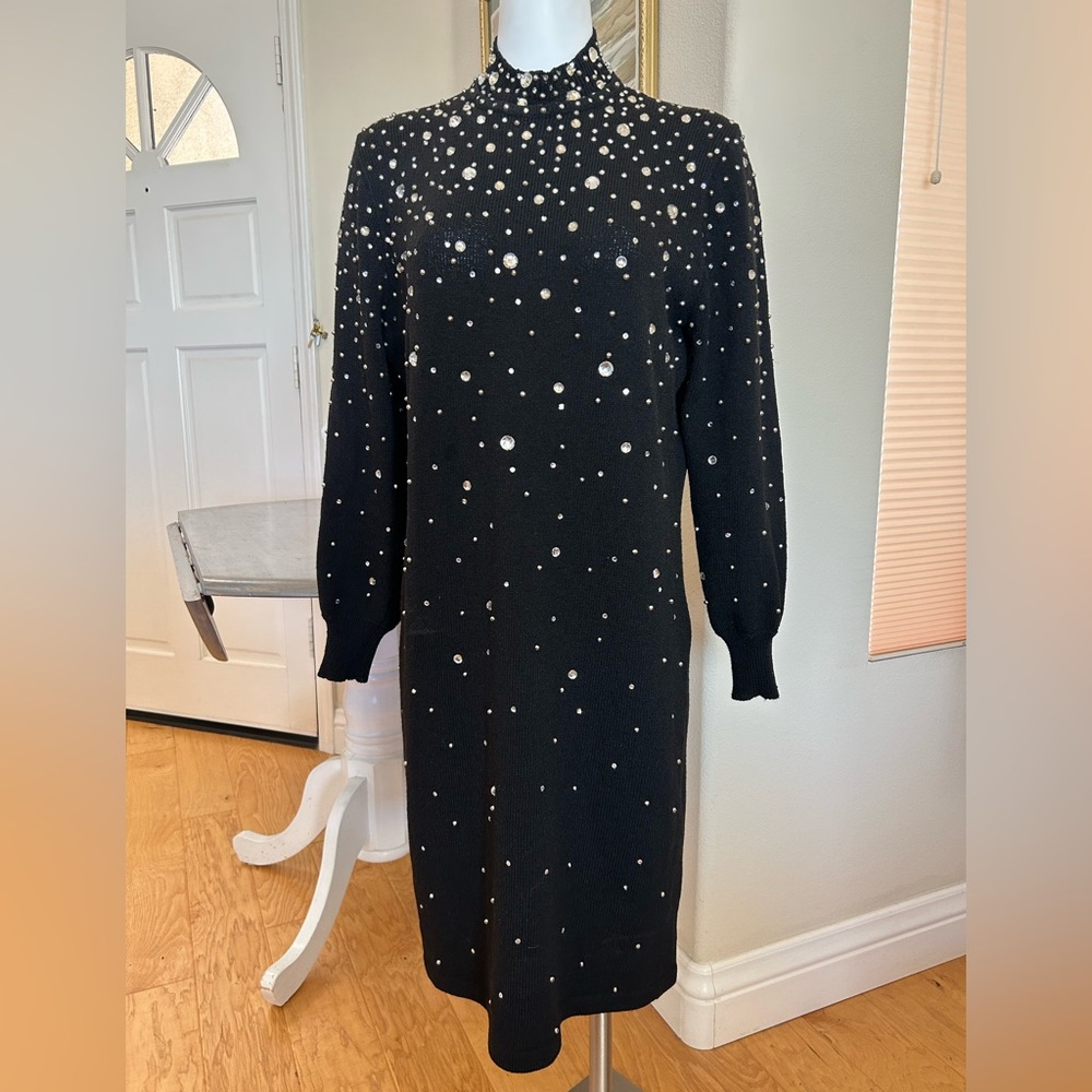 Vintage I. Magnin Black Knit Dress Rhinestones Large by Antonella Preve Midi